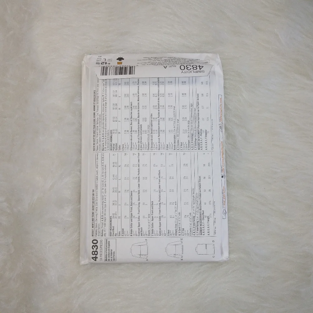Simplicity 4830 6 Made Easy Men's Women's Jacket Vest Top XS-XL
